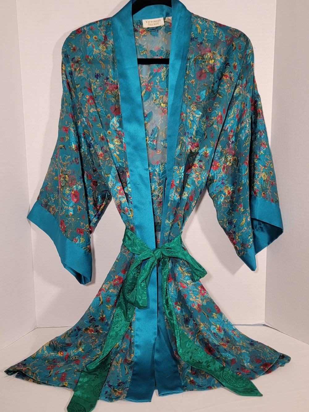 Vintage Victoria's Secret Teal Floral Satin Trim Kimono Robe with Green Sash